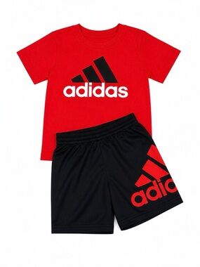 adidas Red & Black Logo Tee and Shorts Set